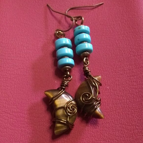 Wire Wrapped Tigereye Moon + Turquoise Howlite ~ One-of-a-kind Dangle Earrings - Picture 7 of 13